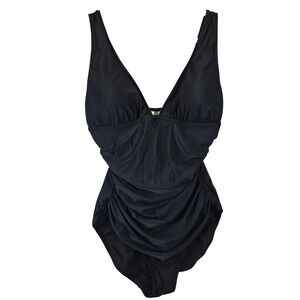 J. Crew Black Ruched V Neck One Piece Swimsuit Women Size 14 Resortwear Beach‎
